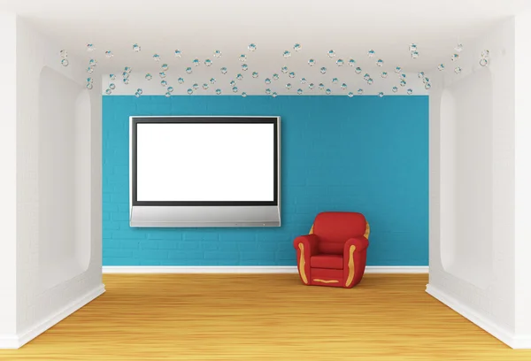 Gallery's hall with red armchair and flat TV — Stock Photo, Image