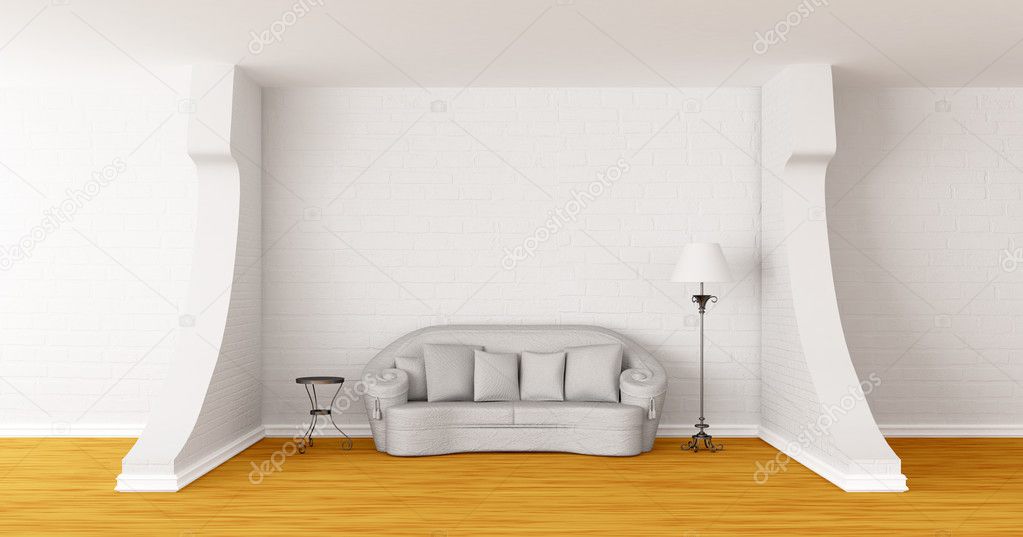 White couch, table and standard lamp in modern gallery's hall