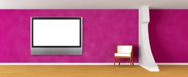 Purple gallery's hall with luxurious chair and lcd tv clipart