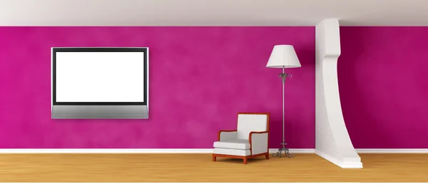A modern minimali lcd TV-vel és luxus lámpa fehér fotel — Stock Fotó