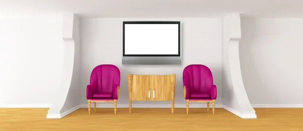 Зал галереи со стульями, бюро и ЖК-телевизором — стоковое фото