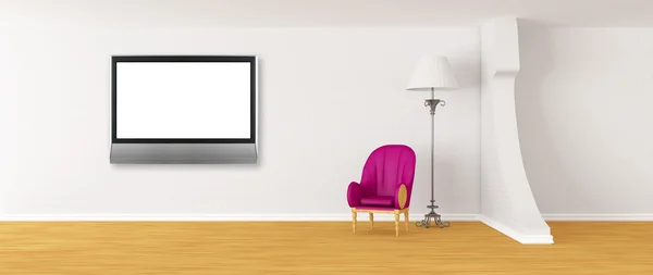Фіолетове крісло зі стандартною лампою і РК-телевізором в сучасному мінімалізмі — стокове фото