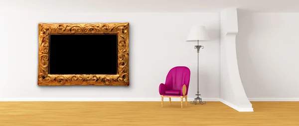 標準的なランプと現代の mi で華やかなフレームと紫の肘掛け椅子 — ストック写真