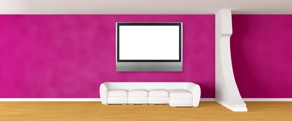 Зал фиолетовой галереи с белым диваном и серебряным телевизором — стоковое фото