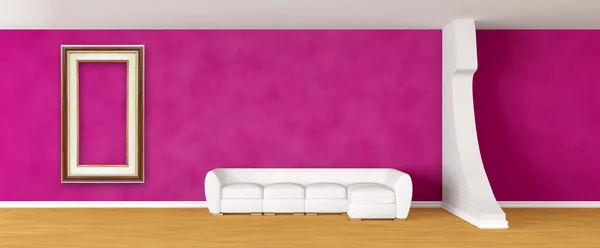 Salão da galeria roxa com sofá branco e moldura — Fotografia de Stock