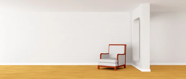 Poltrona bianca solitaria in interni moderni minimalisti — Foto Stock