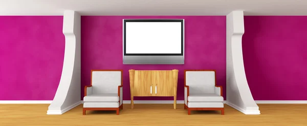 Galeriesaal mit Stühlen, Schreibtisch und LCD-Fernseher — Stockfoto