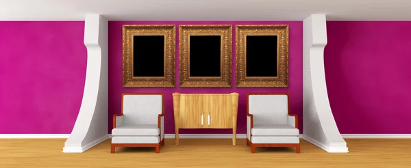 Gallery's hall with chairs and bureau with picture frames — Stock Photo, Image