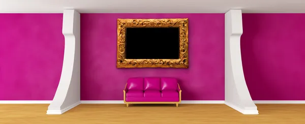 Gallery's hall with purple couch — Stock Photo, Image