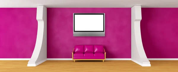 Salón de la galería con sofá púrpura y TV lcd —  Fotos de Stock
