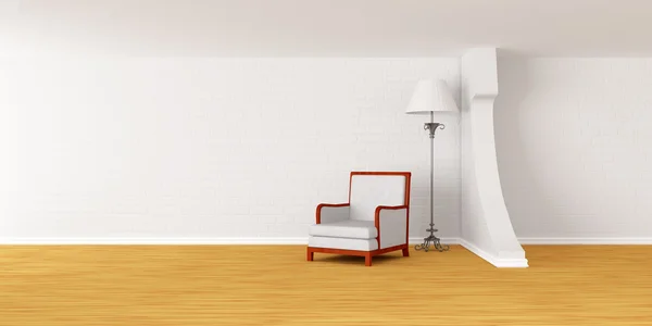 Sillón blanco con lámpara de lujo en el interior minimalista moderno —  Fotos de Stock