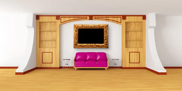 Regał z fioletową kanapę, metalowe stoły i ramki na zdjęcia w — Zdjęcie stockowe