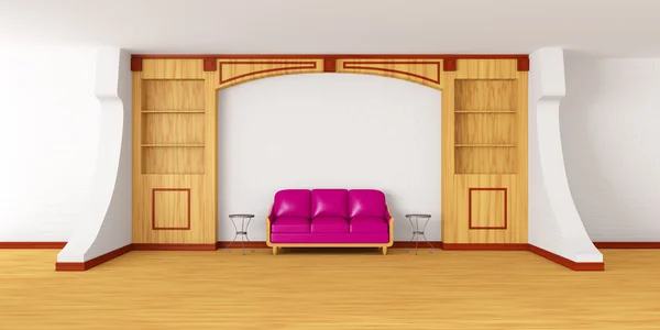 Bibliothèque avec canapé violet et tables métalliques en interio moderne — Photo