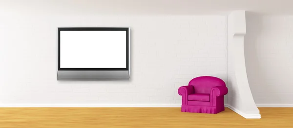 Lila fåtölj med lcd-tv i modern minimalistisk interiör — Stockfoto