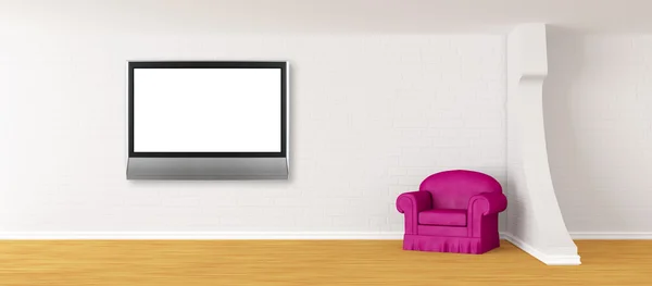 stock image Purple armchair with lcd TV in modern minimalist interior