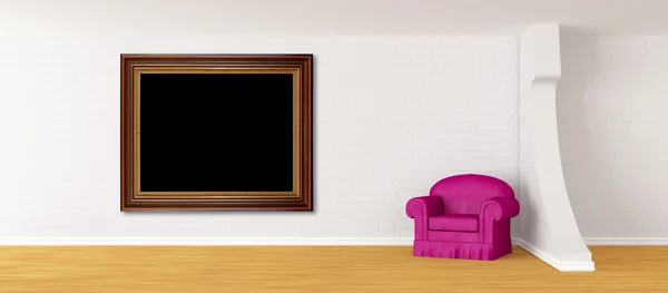 Fialové křeslo s rámečkem na obrázek v moderní minimalistický interiér — Stock fotografie