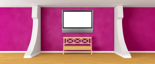 Gallery's hall with bench and lcd tv — Stock Photo, Image