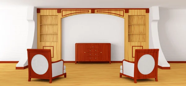 Cadeiras de luxo e escritório com estante no interior moderno — Fotografia de Stock