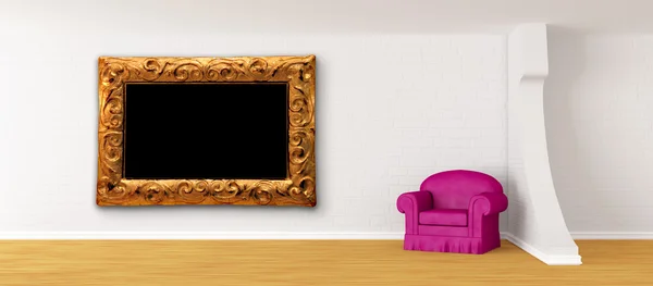 紫色扶手椅和现代简约的室内装饰中的现代框架 — 图库照片