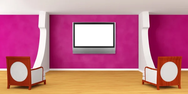 紫色のギャラリーのホールに豪華な椅子、液晶テレビ — ストック写真