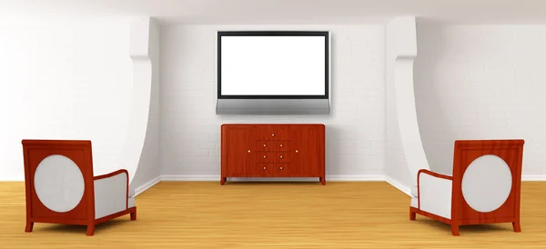 Sala galerii z krzesła, Prezydium i płaski telewizor — Zdjęcie stockowe