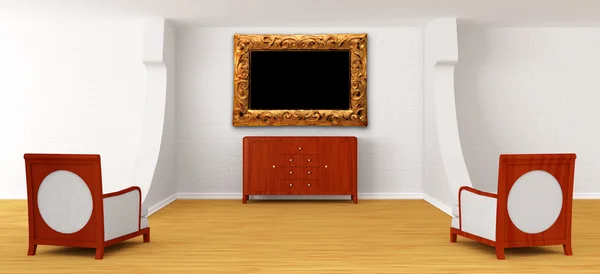 Galeriesaal mit Stühlen, Büro und kunstvollem Rahmen — Stockfoto