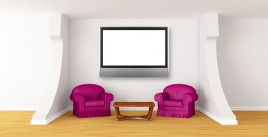 Gallery's hall with luxurious chairs, wooden table and flat tv clipart