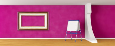Purple room with kid's board and empty frame clipart
