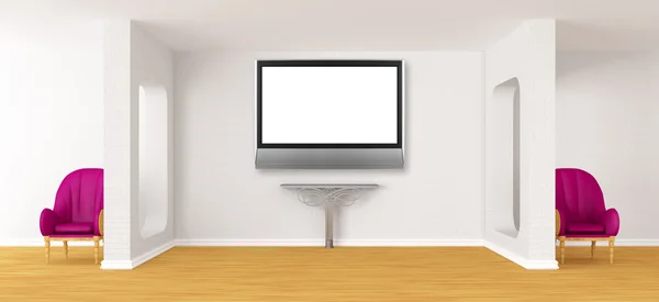 Galeriesaal mit Stühlen, Metalltisch und LCD-Fernseher — Stockfoto