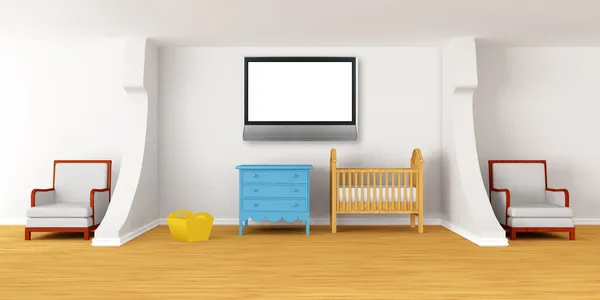 Baby sovrum med en krubba och LCD-tv — Stockfoto