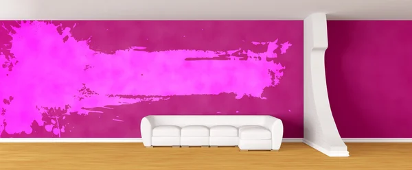 Salão da galeria roxa com sofá branco e quadro de respingo — Fotografia de Stock