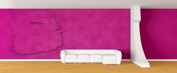 Зал фиолетовой галереи с белым диваном и брызгами — стоковое фото