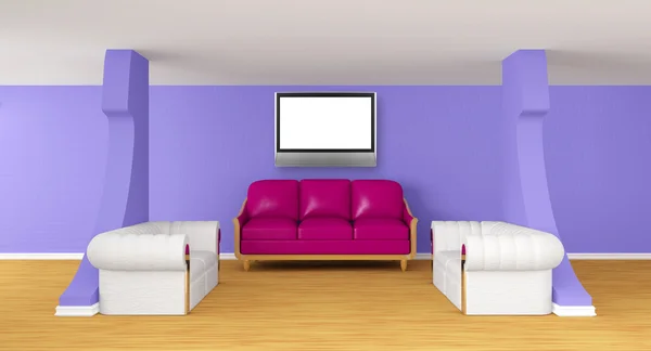 Gallery's hall with luxurious sofas with lcd tv — Stock Photo, Image