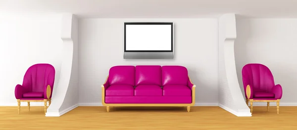 Sala de estar com sofá roxo, tv lcd e cadeiras — Fotografia de Stock