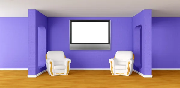现代房豪华扶手椅，配备液晶电视 — 图库照片