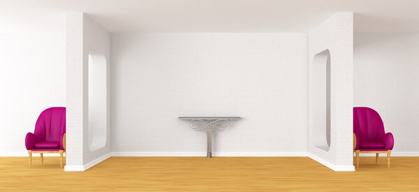 Зал галереи со стульями и металлическим столом
