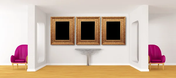 Зал галереи со стульями и металлическим столом — стоковое фото