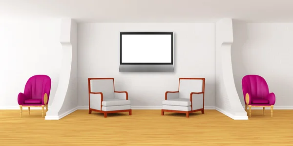 Chambre moderne avec fauteuils luxueux et tv lcd — Photo