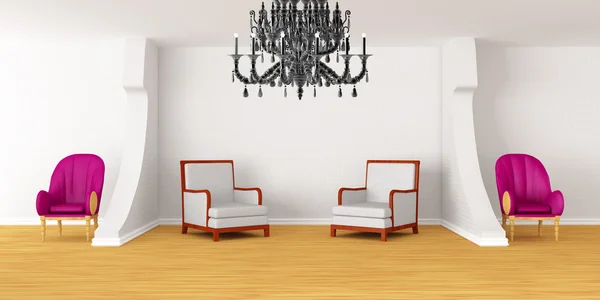 Habitación moderna con sillones de lujo y lámpara de araña negra —  Fotos de Stock