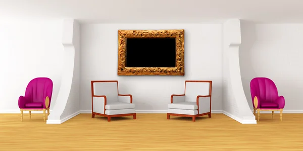 Chambre moderne avec fauteuils luxueux et cadre orné — Photo