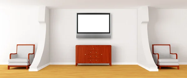 Sala della galleria con sedie, ufficio e TV LCD — Foto Stock