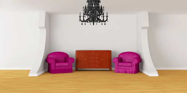 Kamer met stoelen, bureau en zwarte kroonluchter — Stockfoto