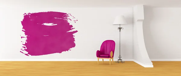 Poltrona roxo com lâmpada padrão e respingo em minimali moderno — Fotografia de Stock