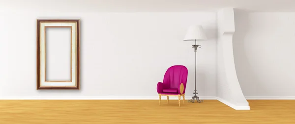 Poltrona roxo com lâmpada padrão e moldura na moderna m — Fotografia de Stock