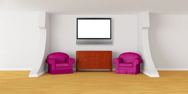 Obývací pokoj s židlí, kancelář a lcd tv — Stock fotografie
