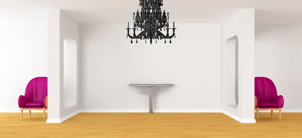 Hall da galeria com cadeiras, mesa metálica e lustre preto — Fotografia de Stock