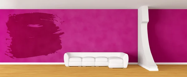 Salão da galeria roxa com sofá branco e quadro de respingo — Fotografia de Stock