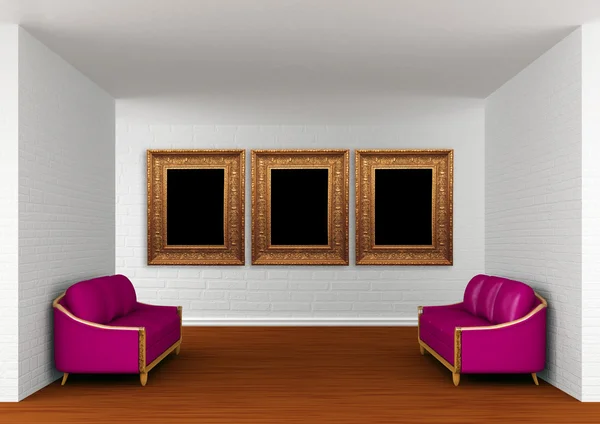 W galerii hall z couchs fioletowy — Zdjęcie stockowe