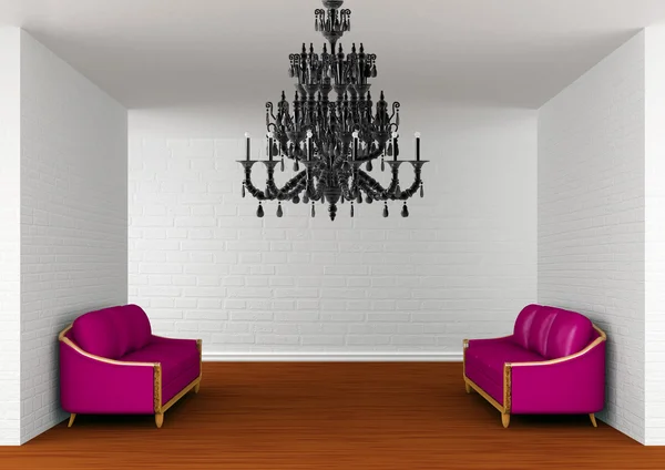 Пустой зал галереи с фиолетовыми диванами — стоковое фото