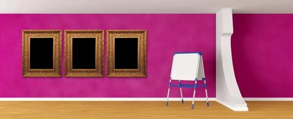 Purple room with kid 's board and frames — стоковое фото